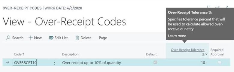 instellen van over receipt code in Microsoft Dynamics 365 Business Central